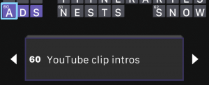 crossword puzzle. the definition is "YouTube clip intros" and the word is "ads"
