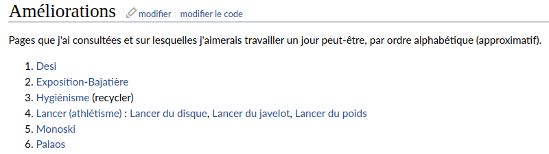 Capture d'écran de ma liste manuelle qui inclut desi, exposition-bajatière, hygiénisme, lancer en athlétisme, monoski et Palaos.