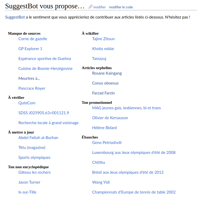 SuggestBot me propose plein d'articles problématiques, triés par nature du problème.