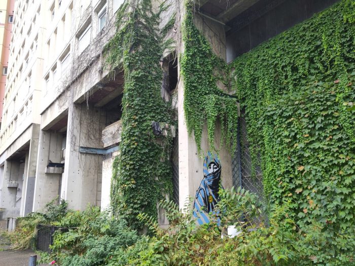 Dessin d'une femme sur un mur en béton presque recouvert par des plantes grimpantes.