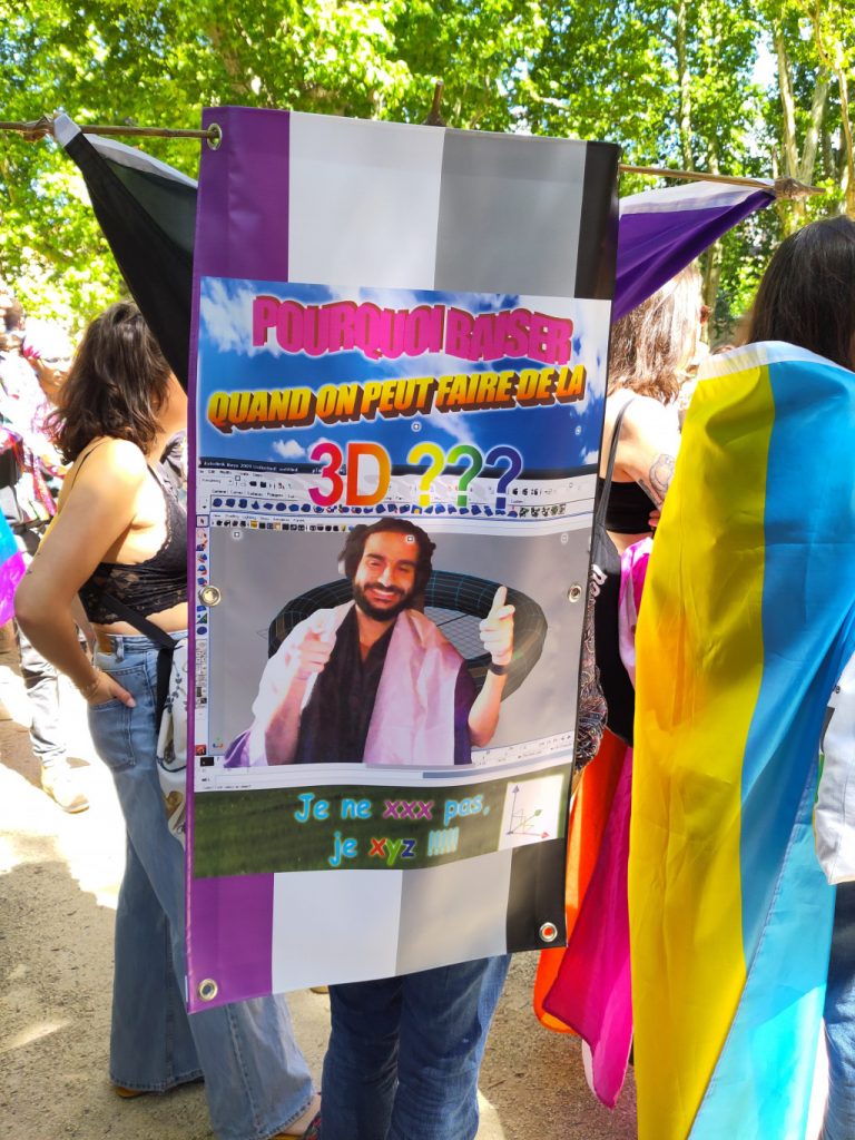 De dos, une personne à la pride porte un drapeau asexuel. Sur le drapeau, une image « pourquoi baiser quand on peut faire de la 3D ? Je ne xxx pas, je xyz. »