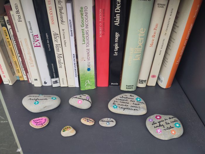 Boîte à livres avec plein de petites pierres décorées de messages féministes, LGBT, anti-capitalistes.