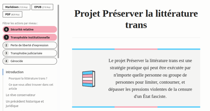 Capture d'écran du site, qui inclut sa description : Le projet Préserver la littérature trans est une stratégie pratique qui peut être exécutée par n'importe quelle personne ou groupe de personnes pour limiter, contourner, et dépasser les pressions violentes de la censure d'un État fasciste.